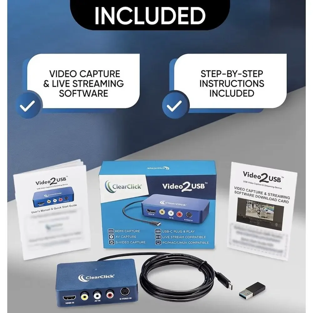 ClearClick Video2USB 1080P USB-C Video Capture Device HDMI RCA S-Video VHS VCR